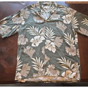 Pierre Cardin Men Large Rayon Tropical Leaf Print Shirt Olive Green Short Sleeve